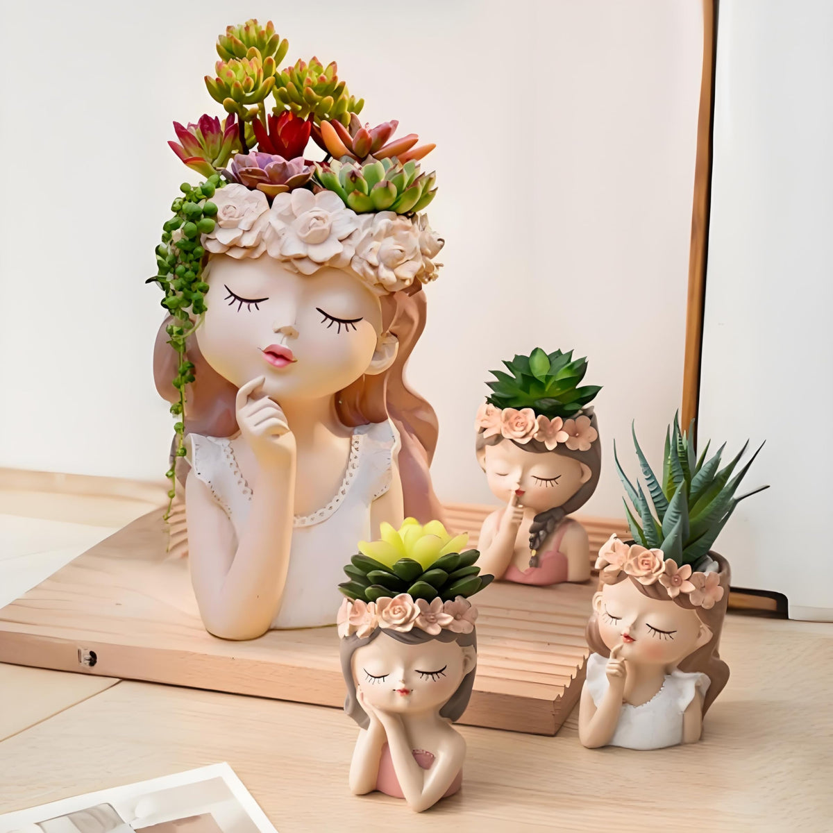 Cute Succulent Plant Pot with Drainage Hole large girl face planter pot big Resin lady head planter 11 inch tall flower vases for indoor and Outdoor plants fairy garden gift for female plants lover