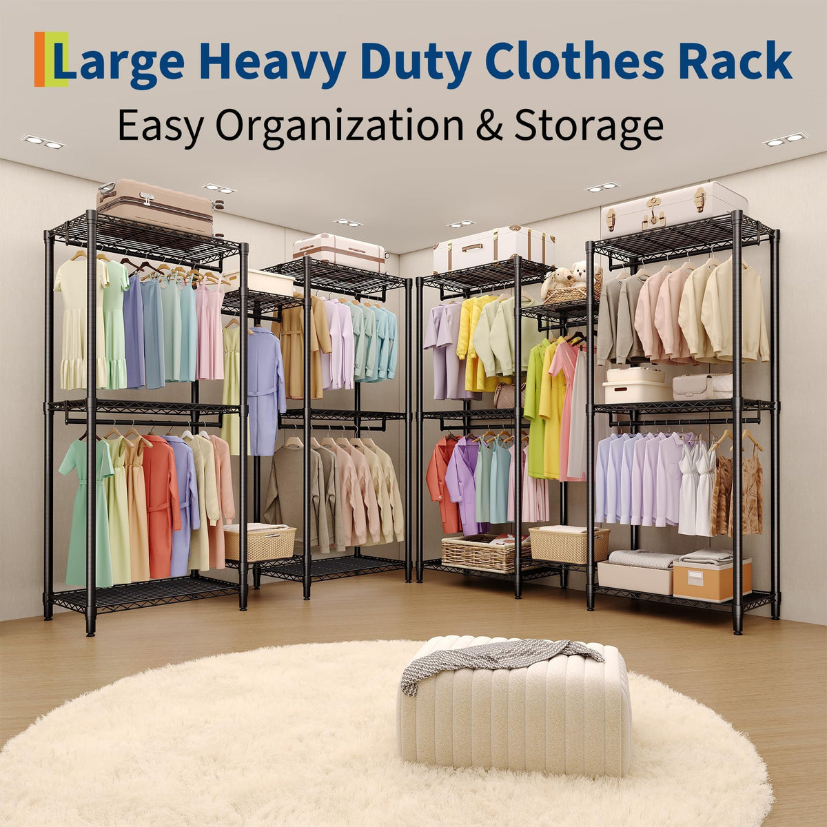 EliteEdge Freestanding Heavy Duty Garment Rack with Adjustable Shelves and Hanging Rods, Large 1870 Lbs Capacity Portable Closet Organizer for Bedroom or Cloakroom Storage, Black