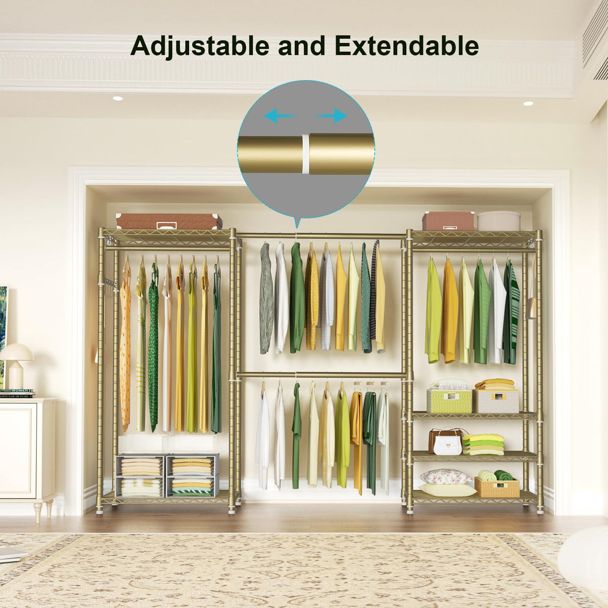 Ulif E1 Heavy Duty Closet Garment Rack, 6 Tiers Adjustable Metal Freestanding Expandable Clothing Storage with 4 Hanger Rods, Easy to Assemble Wardrobe, 71.4" H x (70" - 88.2") L x 14" D, Gold