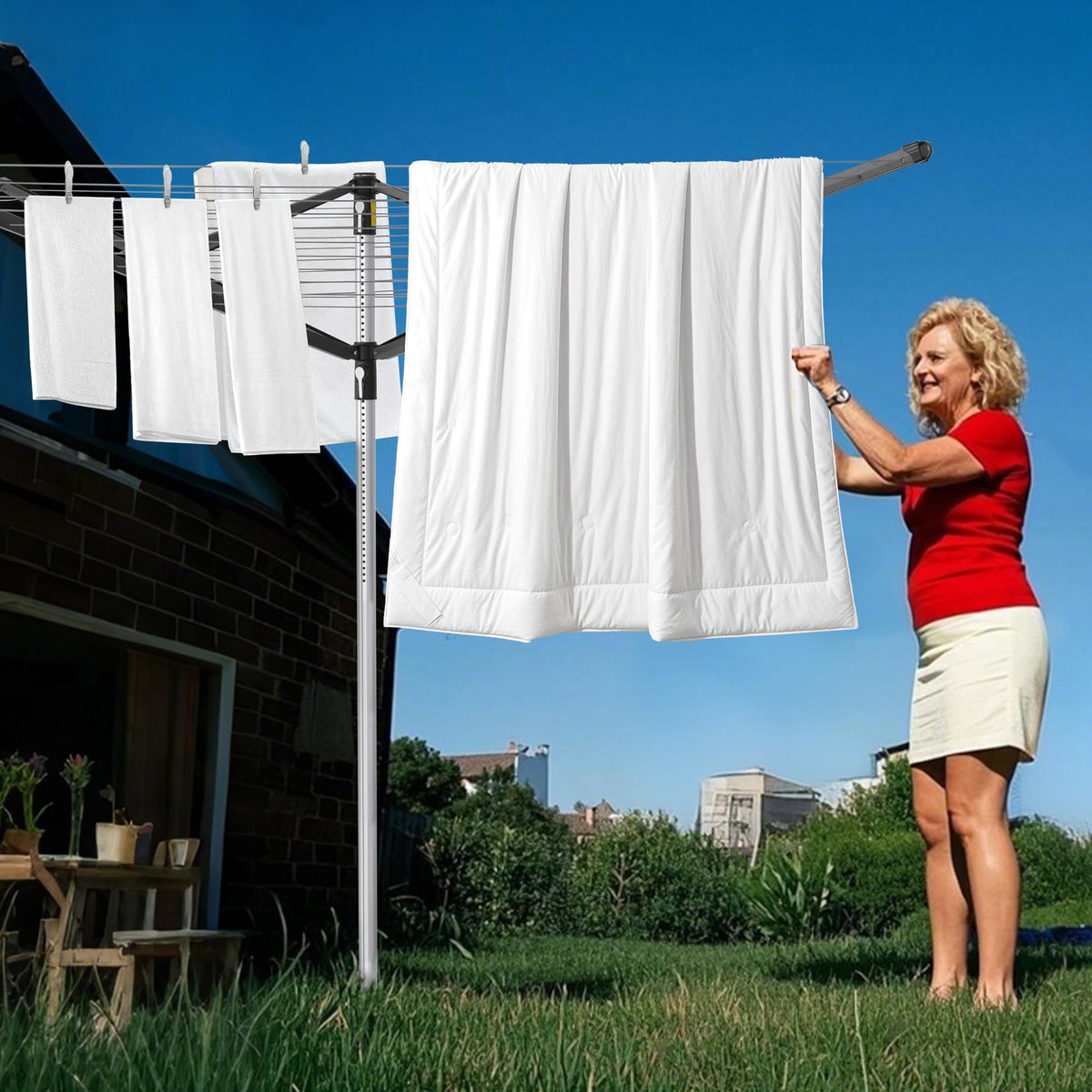 SUPTINWEAR 196FT Rotary Clothesline Outdoor, 88LB Heavy Duty Umbrella Dryer, Foldable 4 Arm 360° Rotating, Adjustable Height Laundry Drying Rack with Ground Spike for Yard