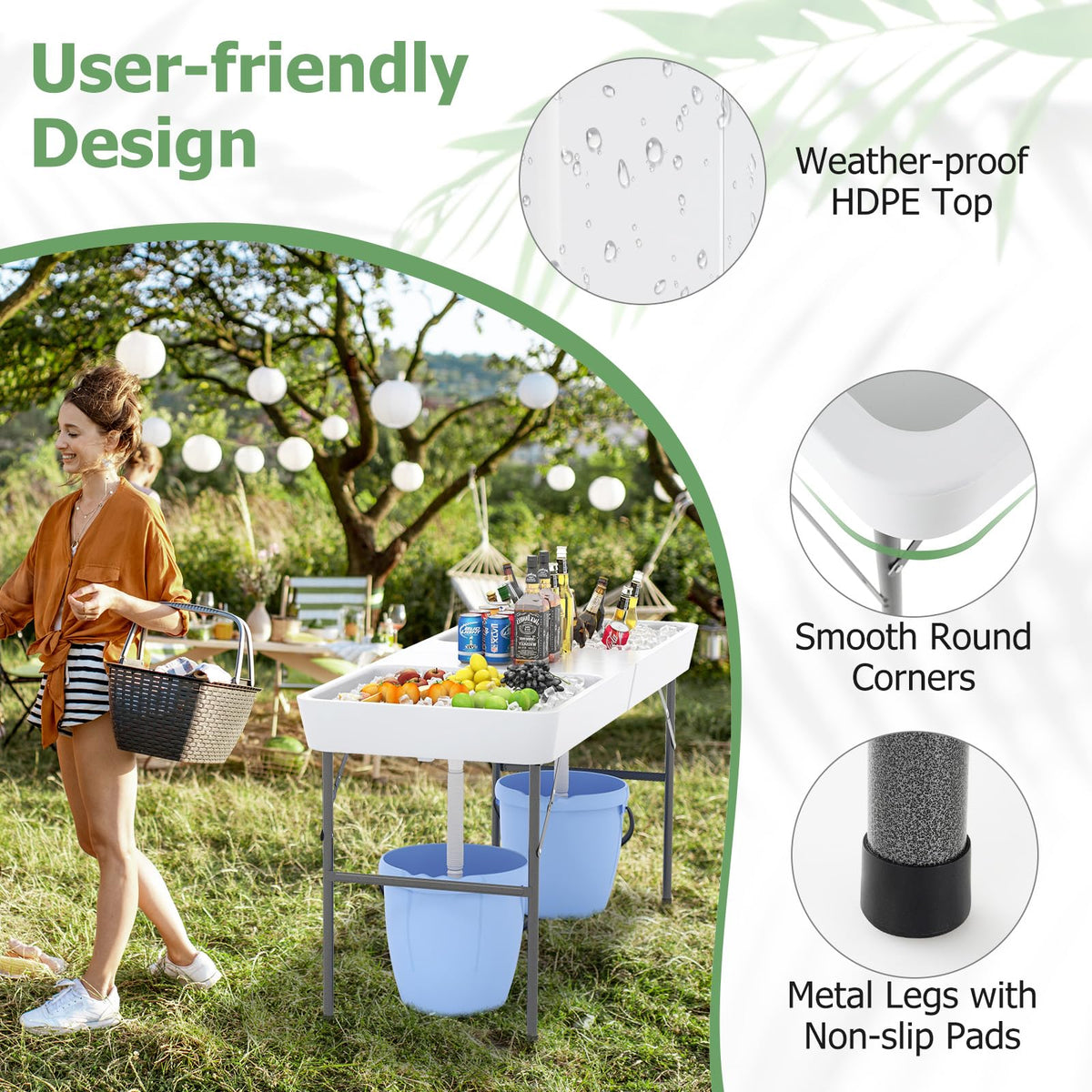 Giantex 5 FT Folding Ice Table with Double Sinks and Drains, Portable Ice Cooler Table with Removable Skirt, No Assembly, Foldable in Half, Fill and Chill Stand for Party Camping BBQ Wedding, White
