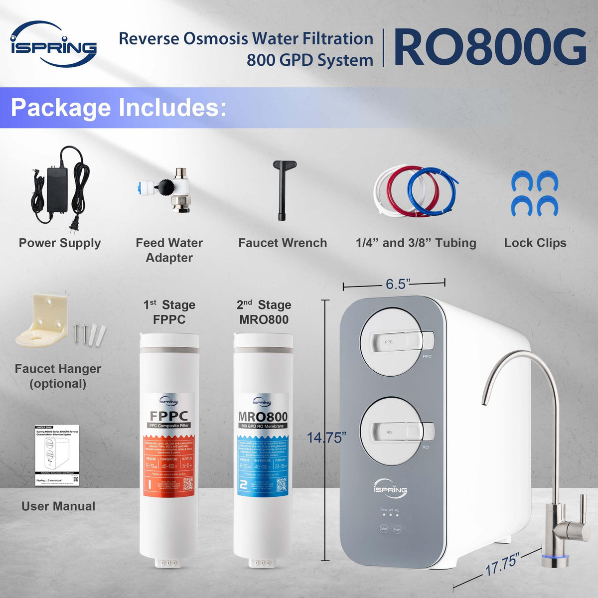 iSpring RO800G Tankless Reverse Osmosis System, 800 GPD Under Sink Water Filter with 2.5:1 Pure to Drain Ratio, TDS & PFAS Reduction, Space Saving Design, Includes Brushed Nickel Faucet