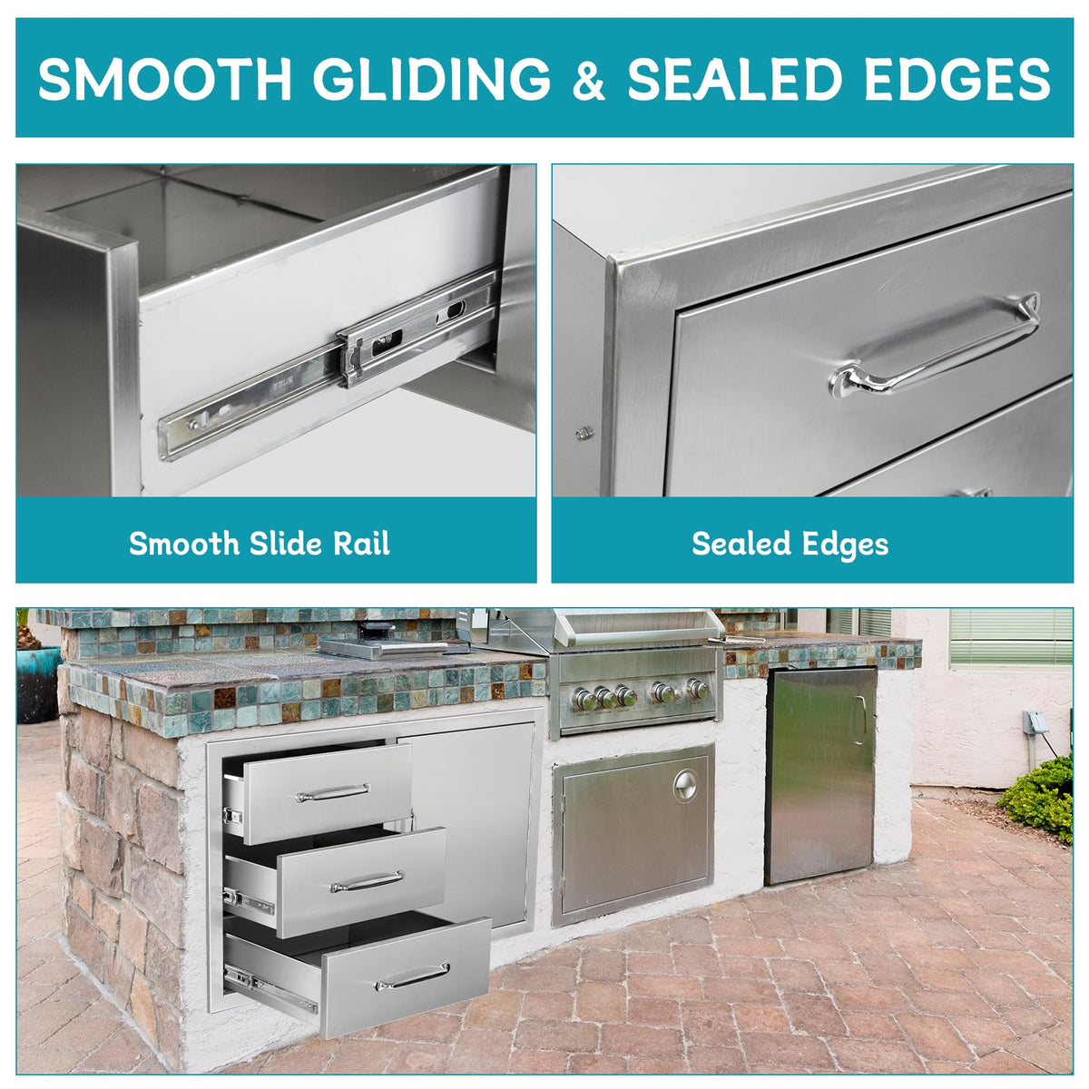 Outdoor Kitchen Door Drawer Combo Cabinet,38.1W x 22.6H x 20.8D Stainless Steel with Handles,Triple Drawers & BBQ Access Combo for Outdoor Kitchen Island (Drawer with Handle and Right Door Combo)