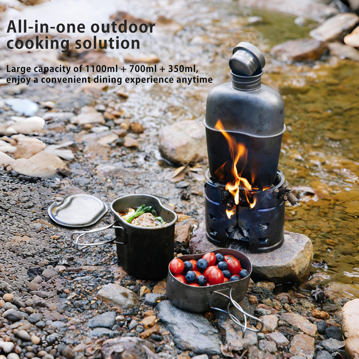 KEITH Titanium Ti3061 Canteen Mess Kit with Stove 1100 ml Titanium Kettle Wood Stove 700 ml Camping Pot with Folding Handle 350 ml Tactical Mug Storage Bag Suitable for Hiking and Mountaineering