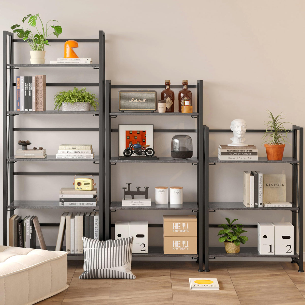 BHG Vintage Multifunctional Folding Bookshelf, No-Assembly Plant Stand Storage Rack Shelves for Home Office (Gray, 4-Tier)