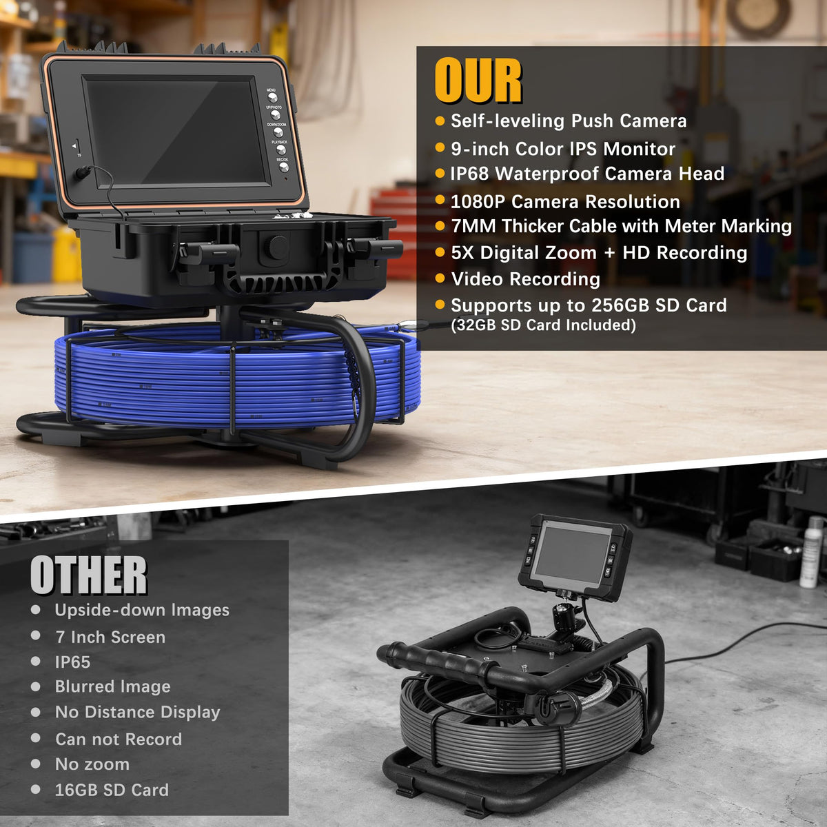 Sewer Camera 165FT, Self Leveling Drain Camera with Meter Counter, 7mm Thick Cable, 9" HD Screen 1080P Plumbing Cameras Snake with Light, 5100mAh Battery Duct Pipe Video Inspection Cam DVR 32GB