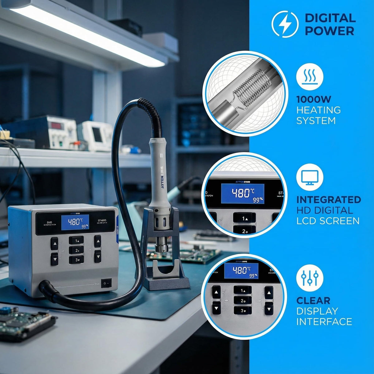Hot Air Rework Station,1000W Digital Display Automatic Sleep Hot Air Gun Soldering Station, Adjustable Temperature Desoldering Gun BGA Rework Station
