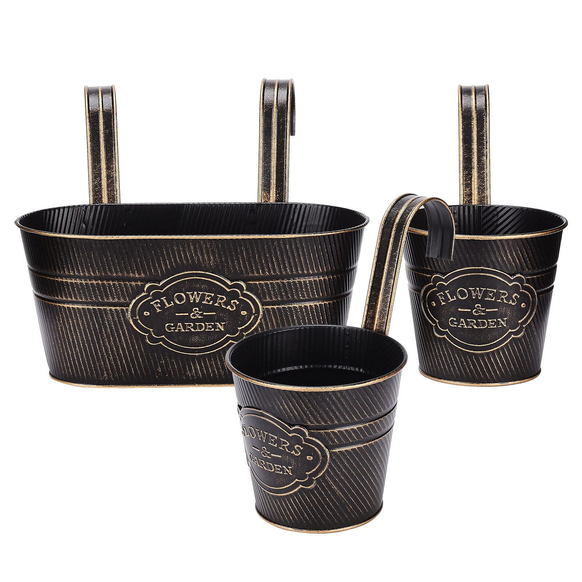 PerGar 3 Pack Metal Railing Planter Box Outdoor, 10.6" Hanging Flower Pots with Detachable Hooks & Drainage Holes, Rail Planter Boxes for Balcony Deck Porch Fence Garden Home Decoration, Black