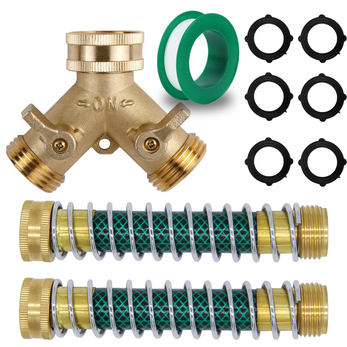 Triumpeek 3/4" Brass 2 Way Hose Splitter, Brass 2 Way Garden Hose Connector with 2 Pcs Garden Hose Coiled Spring Protectors and 6 Rubber Washers