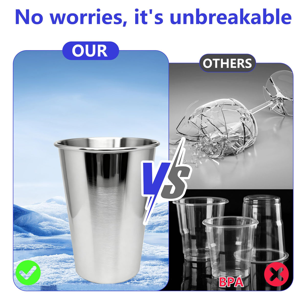 WELVRVIR 20oz 50PCS Stainless Steel Pint Cup,Pint Tumbler,Reusable metal Cups,Stainless Steel Water Tumbler,BPA Free,Stackble,Durable,Unbreakable Metal Drinking Glasses for Bar,Banquet Mugs (50, 20OZ)