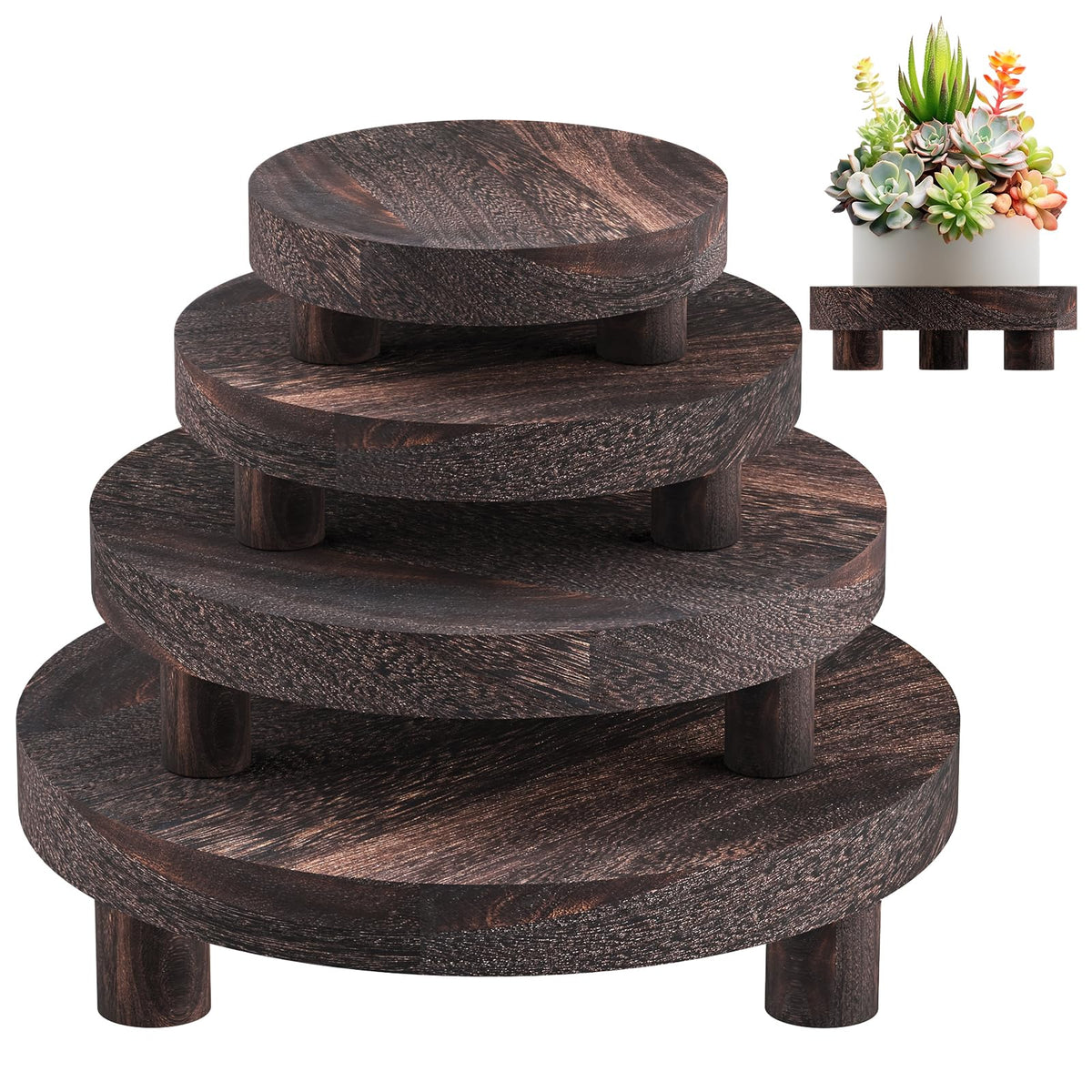 Wood Plant Stand Indoor Outdoor, 12/10/8/6" Round Wood Riser for Decor, Wooden Stool Display Stand Flower Pot Holder Small Planter Tray Modern Potter Decorative for Desktop Counter Room