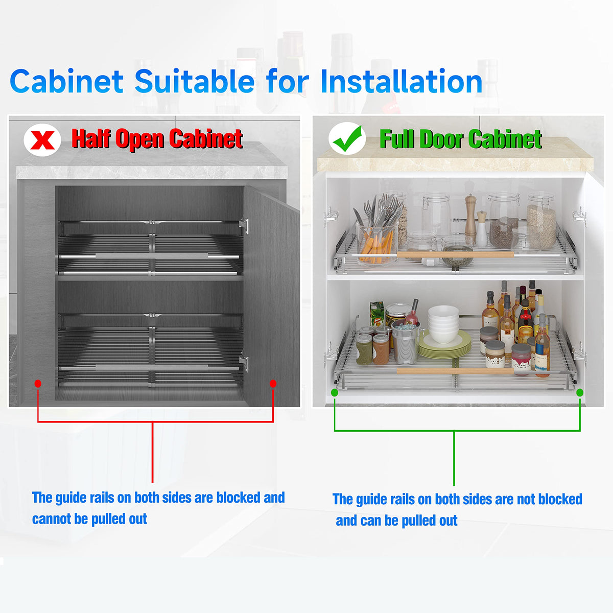 2Pack Expandable Pull Out Cabinet Organizer, 23~39.8"W x 22.5"D Heavy Duty Slide Out Shelves Adjustable Height Cabinet Pull Out Shelves,Expandable Width Spice Rack Organizer for Kitchen Cabinet