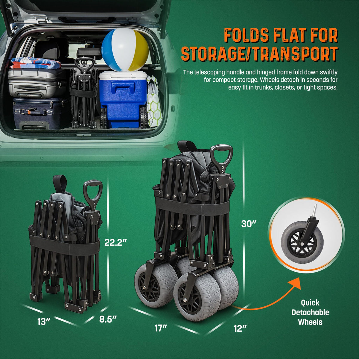 All-Terrain Beach Wagon with Big Wheels for Sand - Extra Large Utility Cart with 9" Off-Road Tires, Heavy Duty 300lb Capacity [Outlander-XL by Stratton Forge] Black