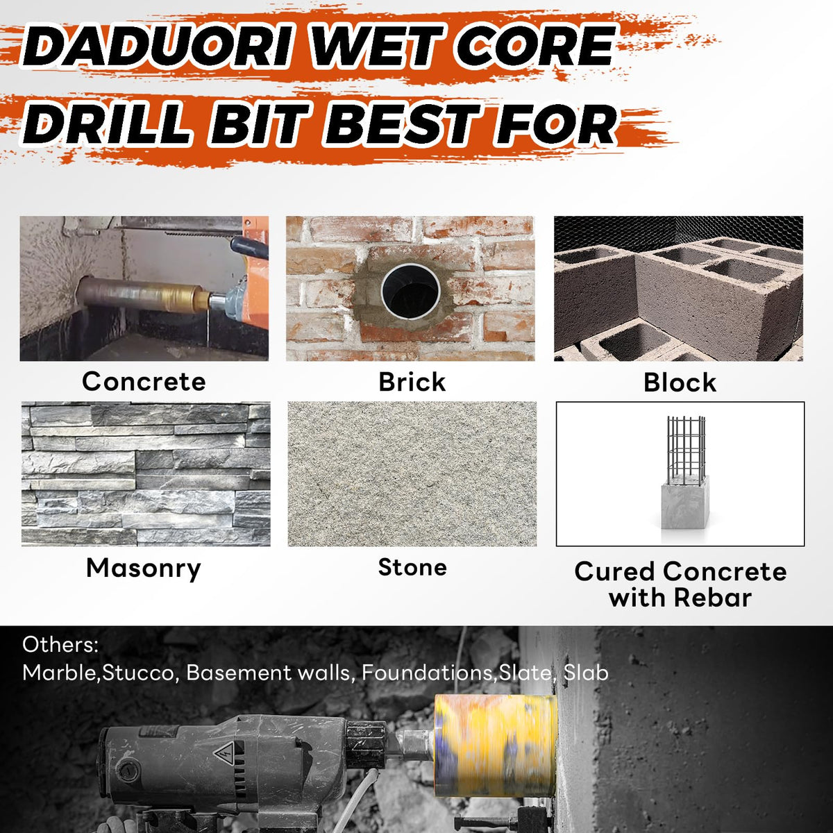 DaduoRi 7" Wet Core Drill Bit with Water Injection Capable Adapter for SDS Max Shank - Includes Solid Brass Quick Connector and Hose - Convenient 1 1/4"-7 Thread Core Bit with Water Feed Design