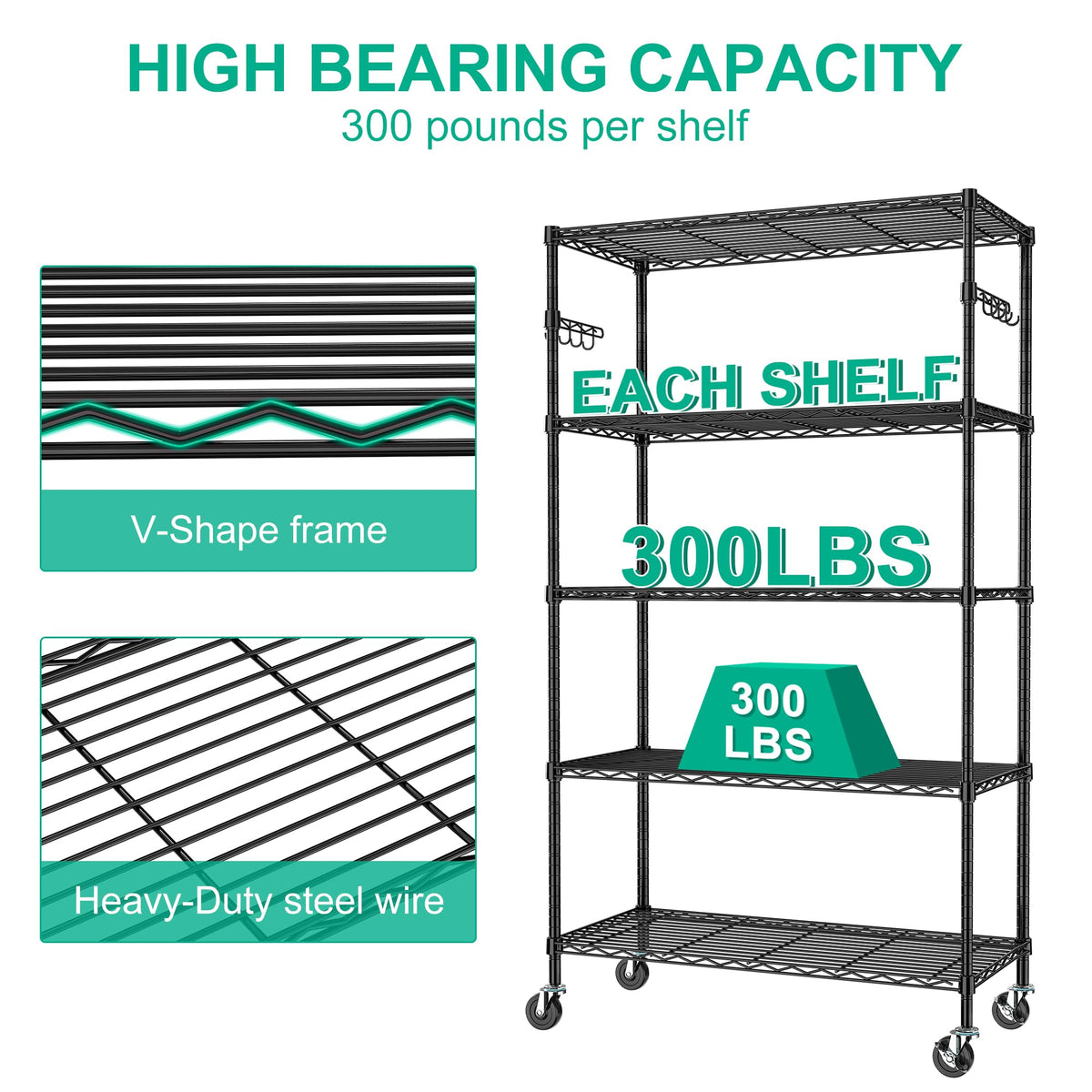 Folews 5 Tier Storage Shelves with Wheels - Adjustable Wire Shelving Unit Metal Shelves for Storage Rolling Utility Shelf Organizer Rack for Kitchen Garage Pantry Closet Laundry(14D x 36W x 75H)
