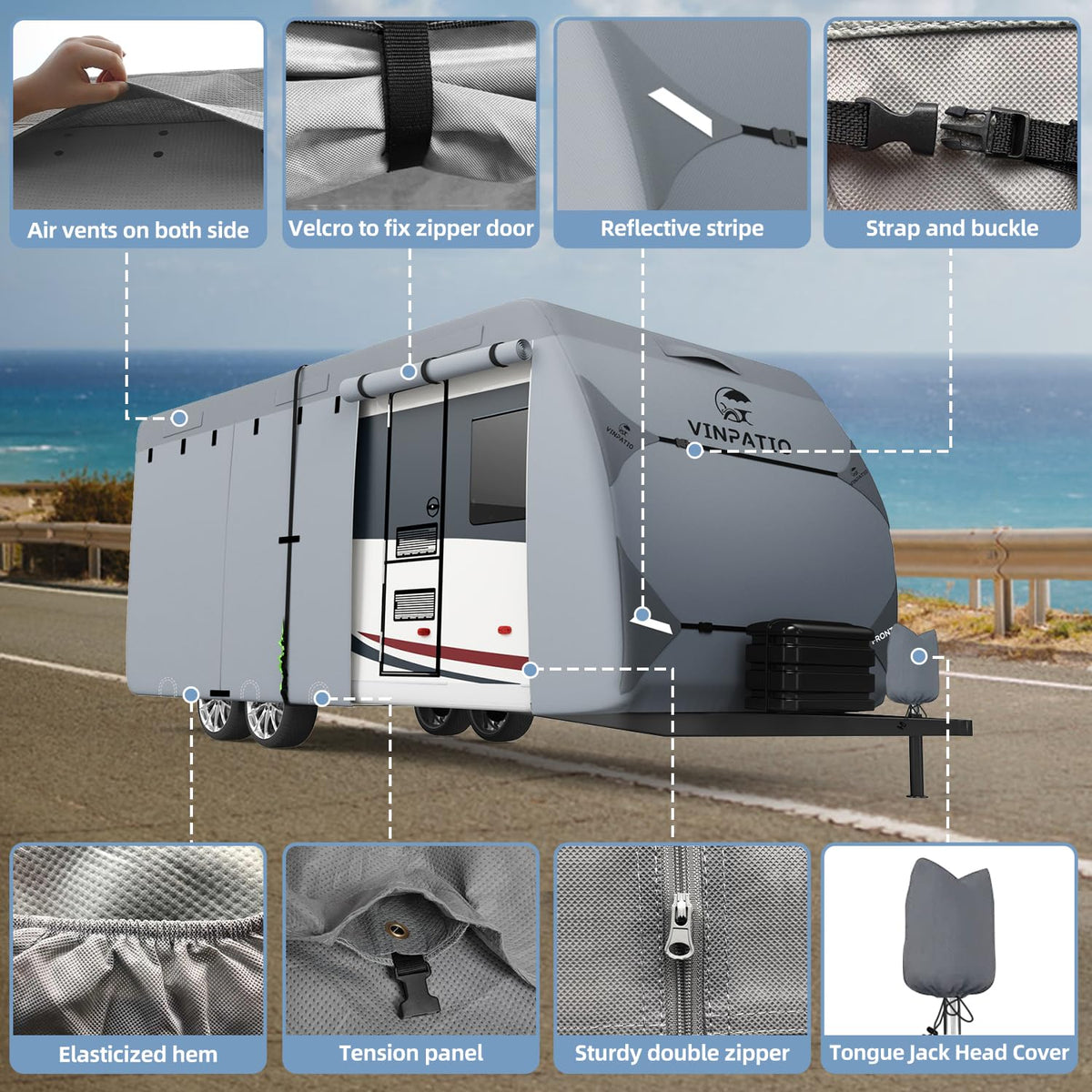VINPATIO RV Cover, 7 Layers Heavy Duty Travel Trailer Cover, Toy Hauler Cover Fits 27'-30' RV, Camper Cover with Extra Windproof Straps, Gutter Covers, Tongue Jack Cover
