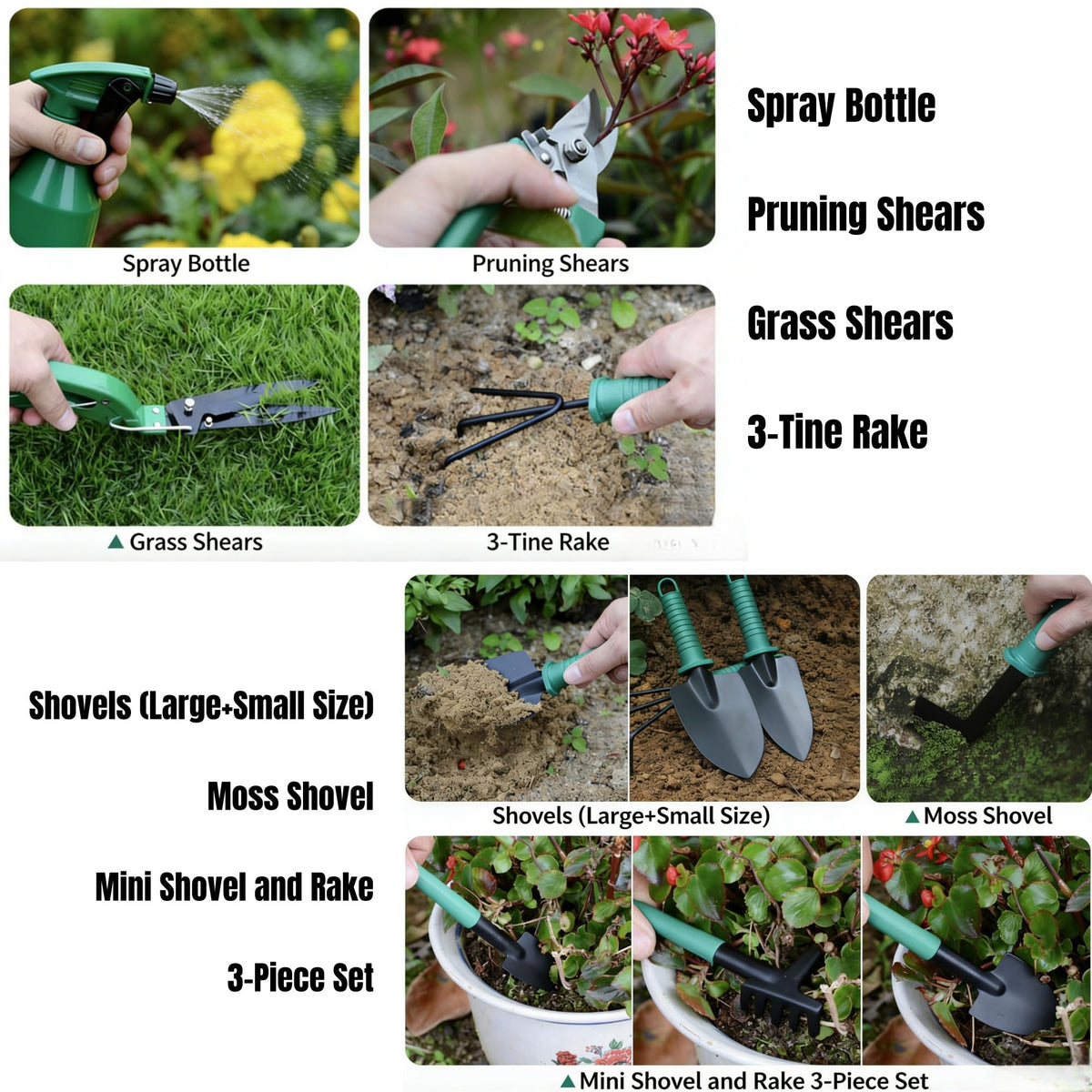 5-Piece Garden Tool Kit with Storage Case, Heavy Duty Gardening Tools Including Shovel, Trowel, Cultivator Rake, Pruners and Spray Bottle for Bonsai, Weeding and Yard Maintenance(Green-5)
