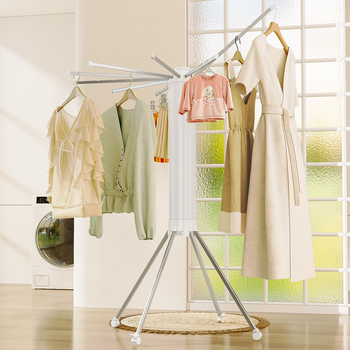 JOOM 4 Legs Double Layer Clothes Drying Rack, Garment Rack Portable and Foldable Space Saving Laundry Drying Rack - Drying Rack Clothing Floor Folding Balcony Bedroom Household Aluminum