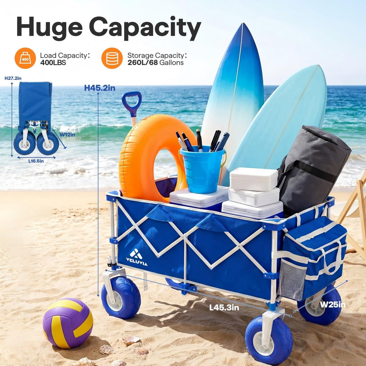 VELUVIA Beach Wagon with Balloon Wheels for Sand - 450LBS Heavy Duty Foldable All Terrain Wagon with 9" Balloon Tires- Collapsible Beach Dolly with Adjustable Handle & Cooler Bag for Beach - Blue