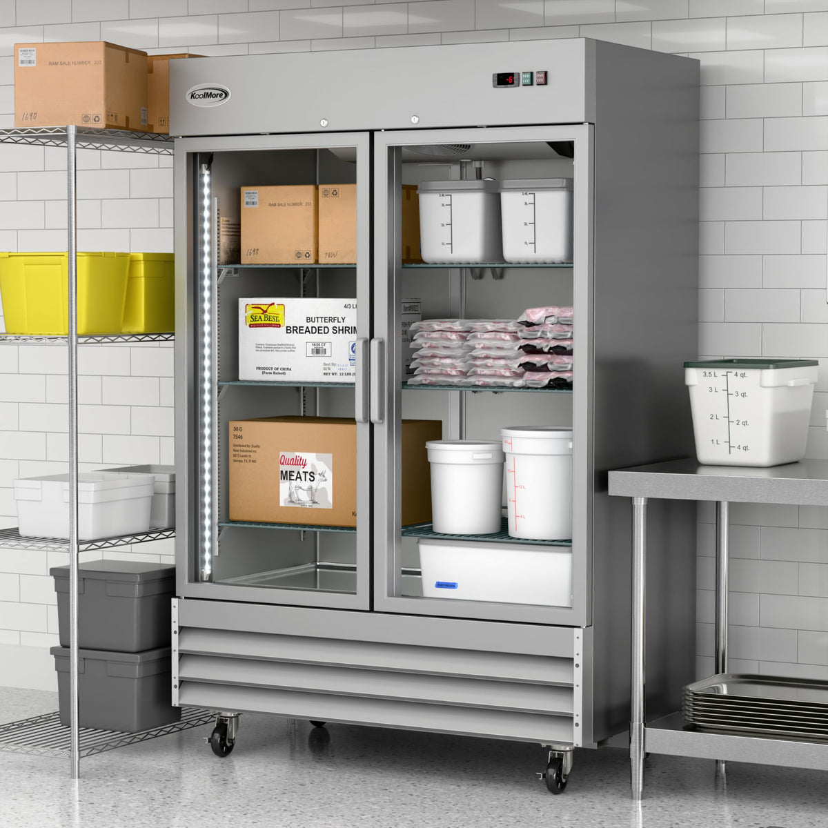 KoolMore Commercial Stainless-Steel Upright Freezer with Reach-In Self-Close Glass Doors, 6 Storage Shelves, Heavy-Duty Caster Wheels, Frost-Free Temperature Control - 47 Cu.Ft [Silver] (RIF-2D-GD)