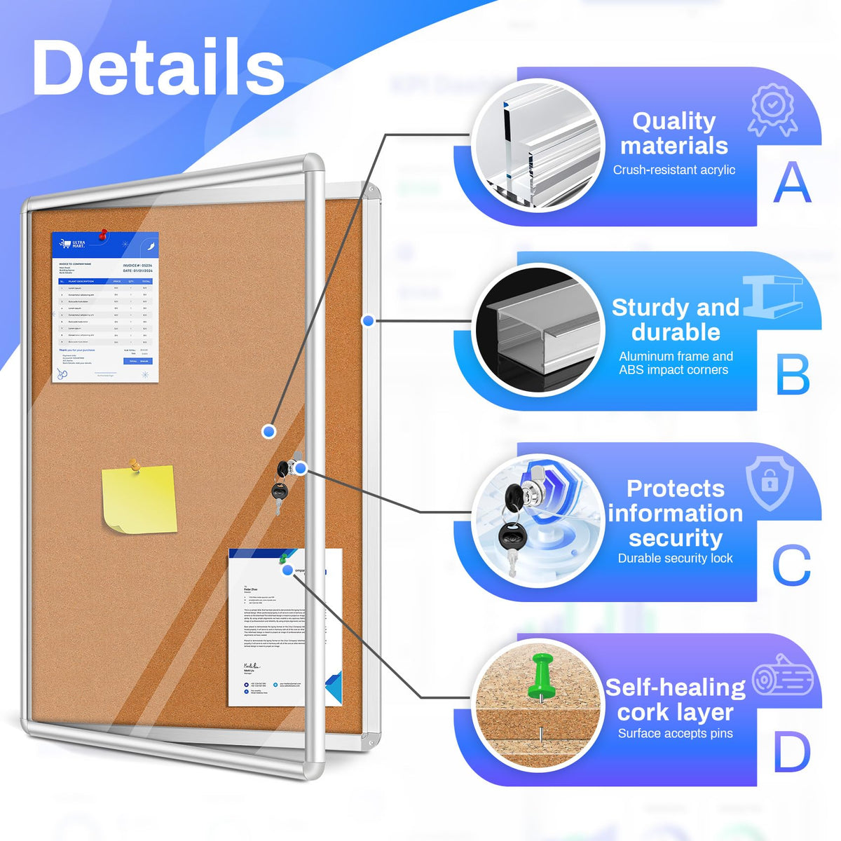 Magula 38"x28" Enclosed Bulletin Board Tamper-Proof Dispaly Case, Aluminium Frame, Shatter Resistant Lockable Bulletin Board, Enclosed Cork Board for School, Office, Commercial, Hospital etc