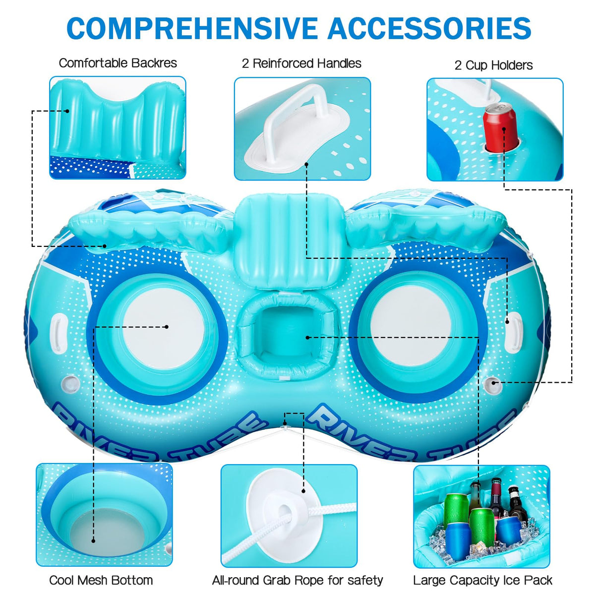 Glimin 3 Pcs Inflatable River Tube Float, 2 Person Heavy Duty Pool Float with Built in Cooler, Ergonomic Backrest and Cup Holders for Adults, Lake Water Tubes for Floating Summer Relaxation