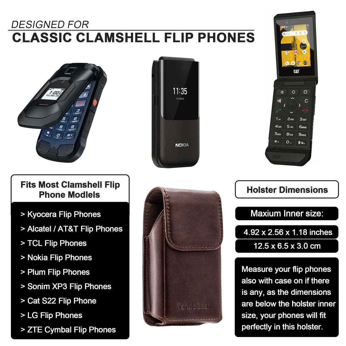 TarbicGear Leather Flip Phone Case with Belt Clip, Pouch for Kyocera & TCL Flip Phone Holster for Belt, Cat S22 Flip Case, Nokia Flip Phones, Sonim XP3 Plus Magnetic Phone Pouch, Brown Color