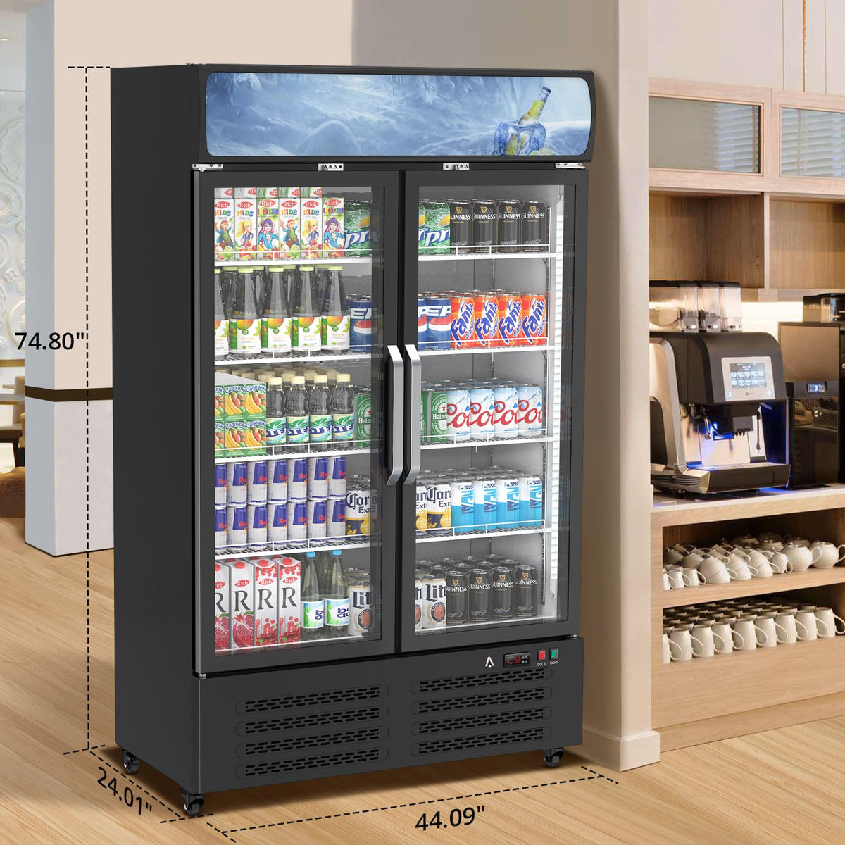 GAOMON Commercial Refrigerator, Commercial Beverage Display Cabinet with LED Top Panel, 32-50°F Adjustable, 25.3 Cu Ft Double Glass Door Merchandiser Fridge for Restaurant, Convenience Store, Black