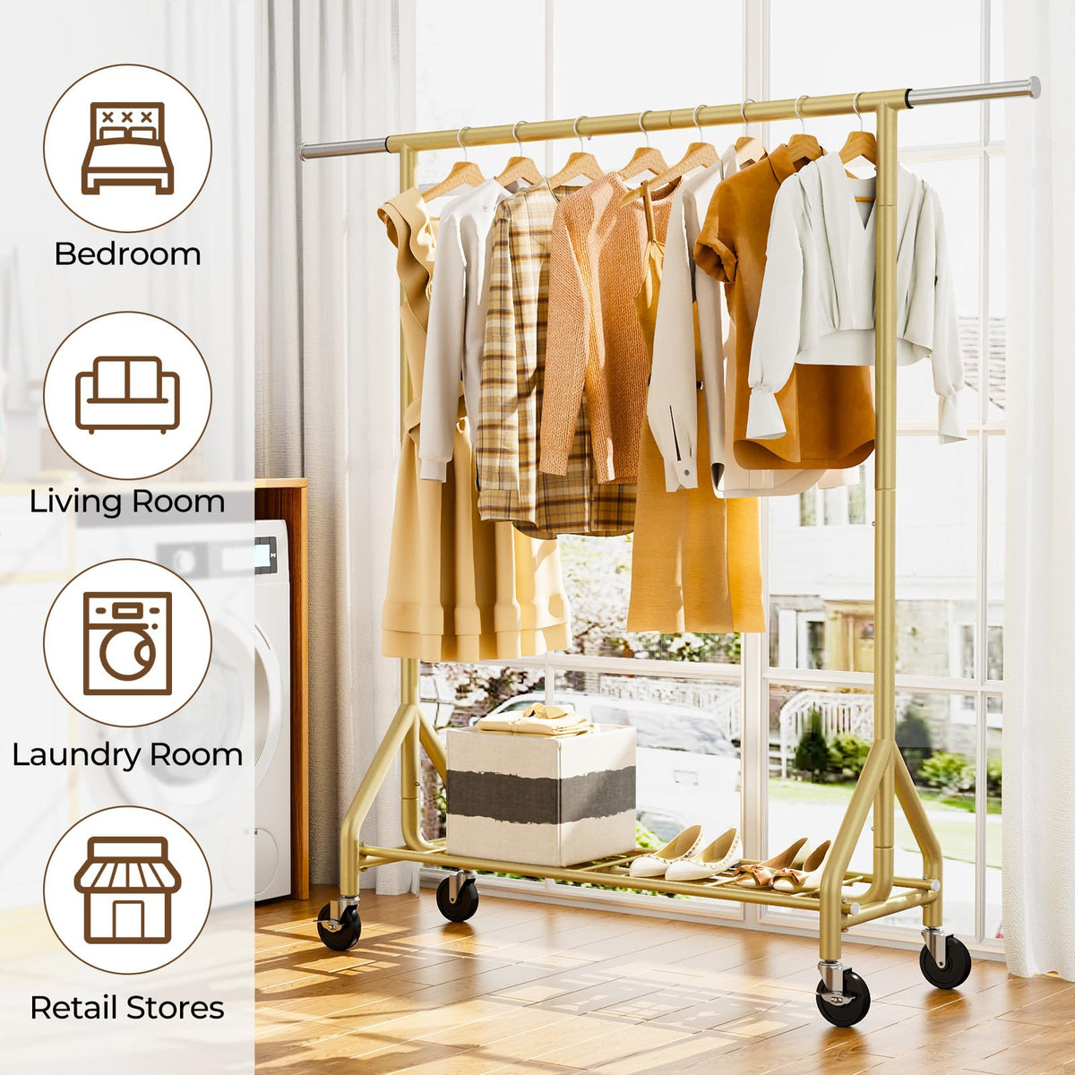 HYSEYY Heavy Duty Clothes Rack Load 450 LBS, Metal Garment Rack, Standing Rolling Clothing Rack for Hanging Clothes with Sturdy Wheels & Shelves, Portable Closet Wardrobe Rack,Gold