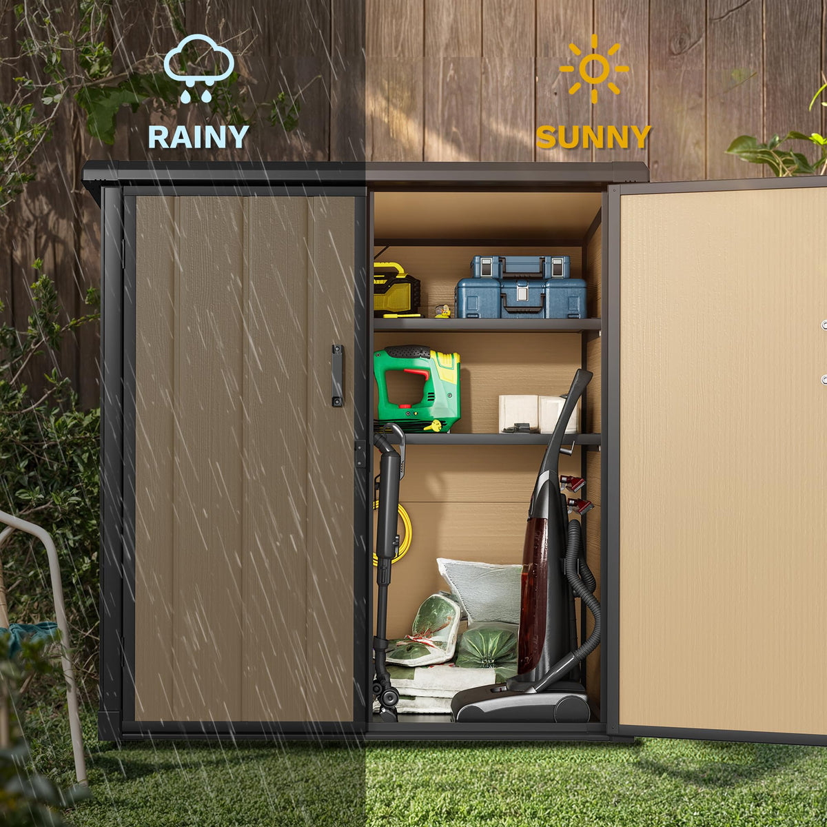 DWVO Outdoor Storage Shed 54 cuft with 2 Shelves, 4.2x2.6x5ft Vertical Tool Shed with Floor & Lockable Doors, Sturdy Double-Wall Plastic Cabinet for Garbage Cans and Garden Storage, Brown