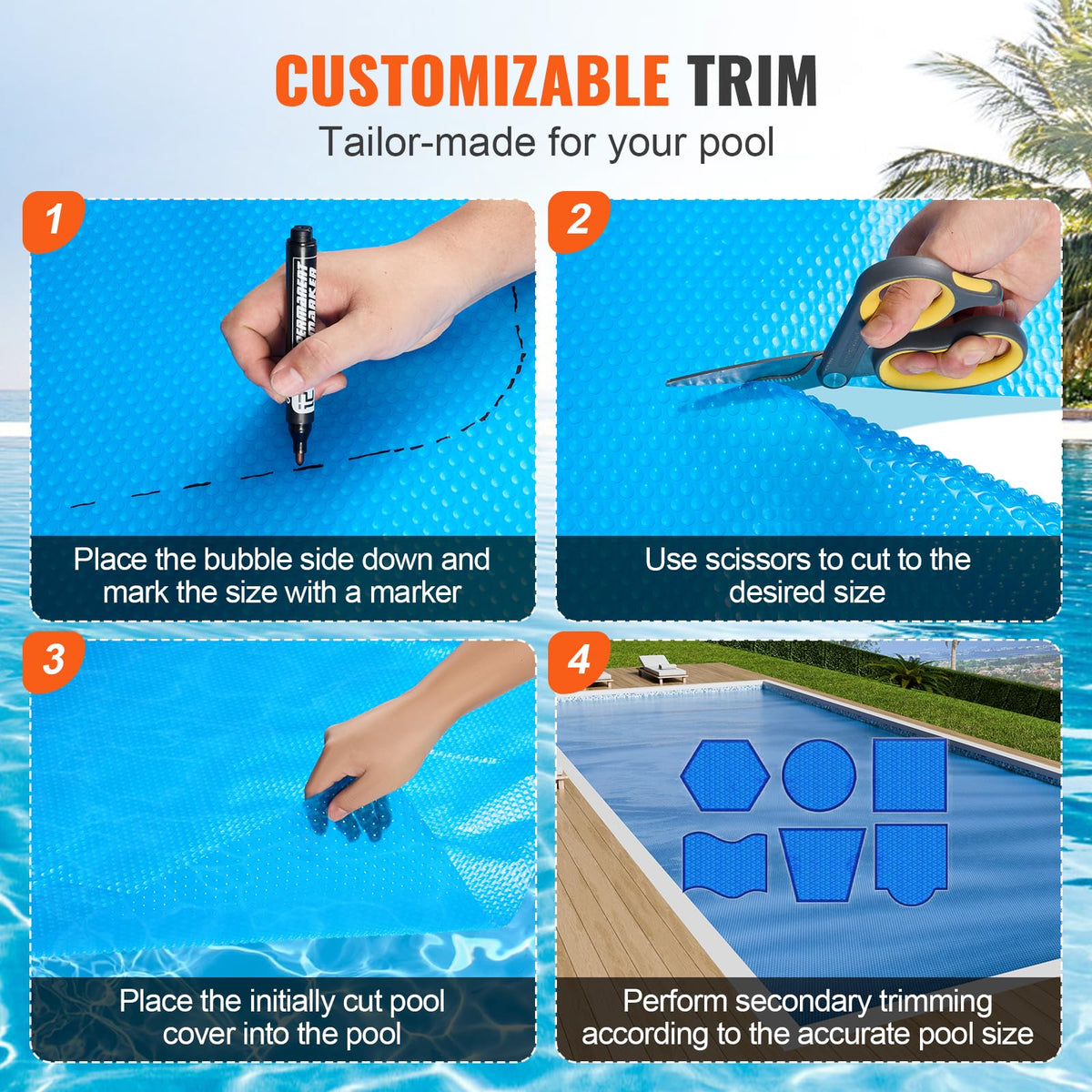 VEVOR Solar Pool Cover, 28 x 14 ft Rectangle Solar Cover 12 mil for Pools, Inground Above Ground Swimming Pool Solar Blanket with Bubble, Heat Retaining Solar Covers Blue