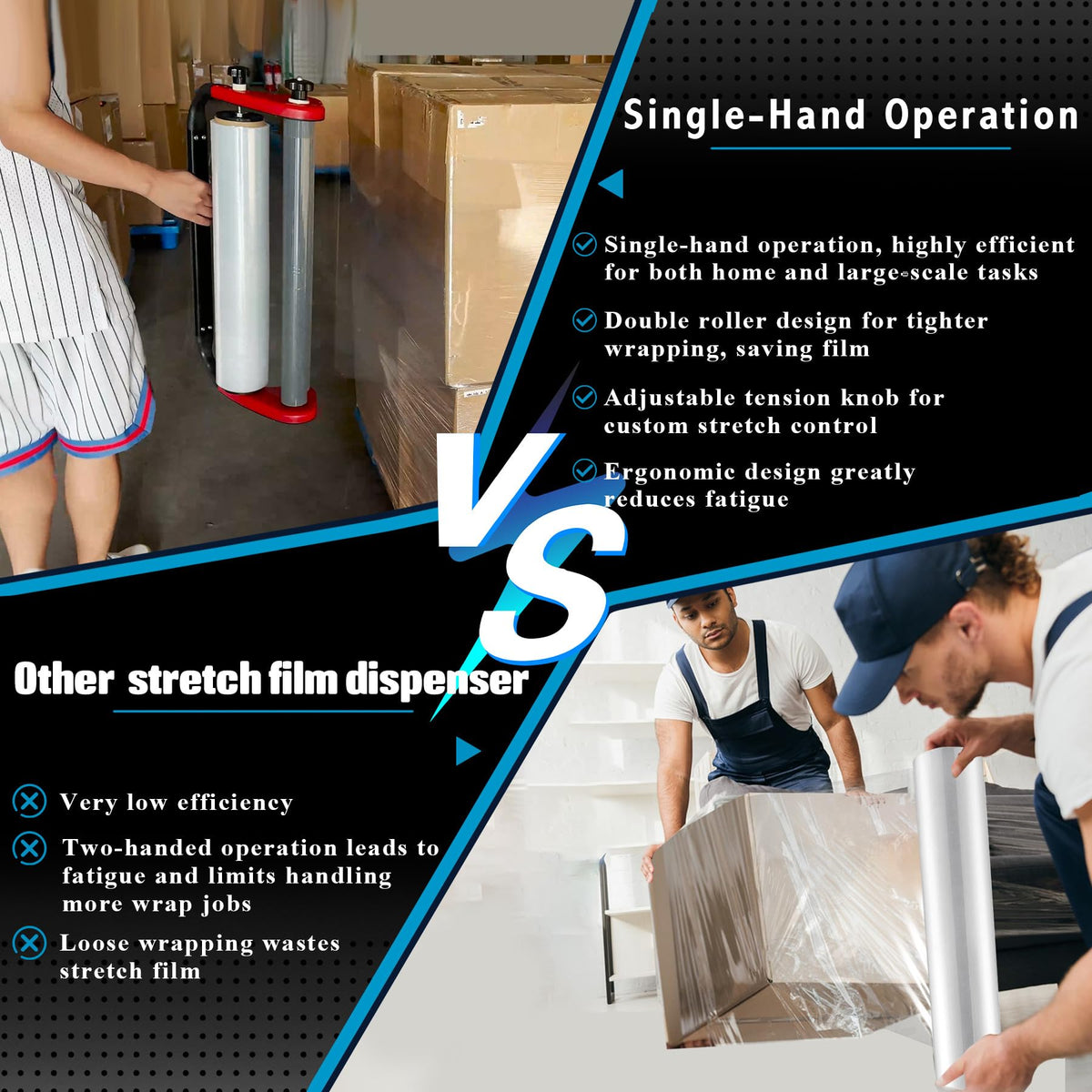 Ergonomic Stretch Film Dispenser - Reduces Operator Fatigue, Shrink wrap Handle for Warehousing, Logistics, Pallets, Commercial, and Home Use (18-in Dispenser for 18-in Stretch Film)