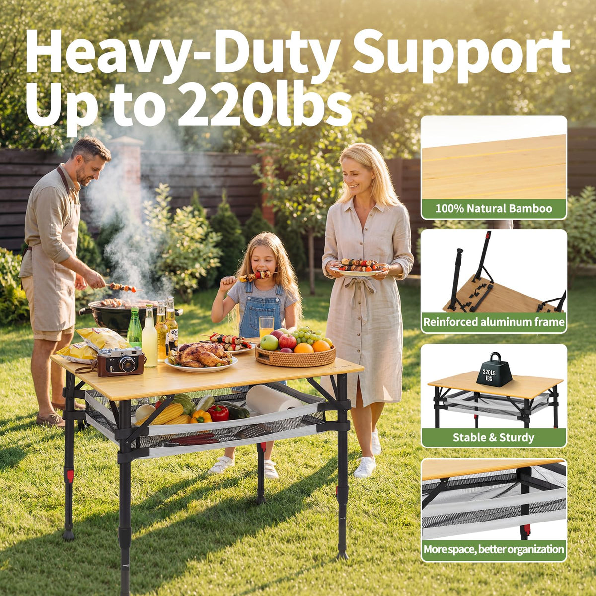 Join Nature 31.5'' Bamboo Folding Camping Table, Adjustable Height Folding Outdoor Table with Aluminum Frame & Mesh Storage, Portable Camp Table with Carry Bag for Camping, RV, Tailgating & Backyard