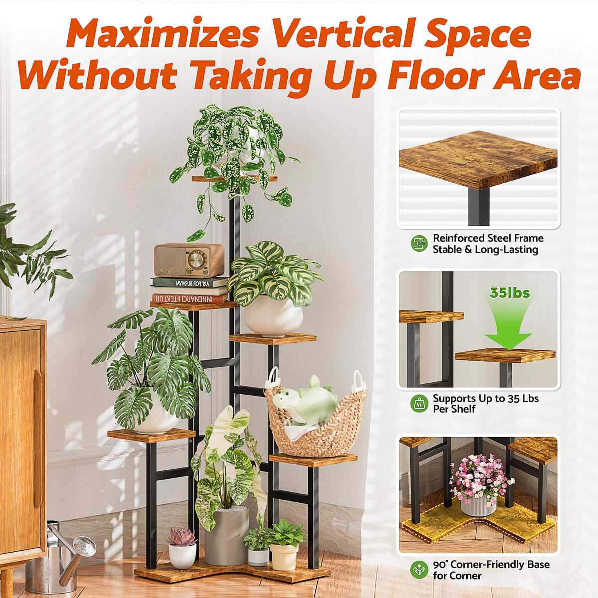 NQW 5 Tier Corner Plant Stand Indoor Wood, Metal Plant Shelf Outdoor, Tall Plant Stands Plant Tables Indoor Plant Rack Tiered Plant Stand Garden Accessories for Balcony Patio -BlackSquare