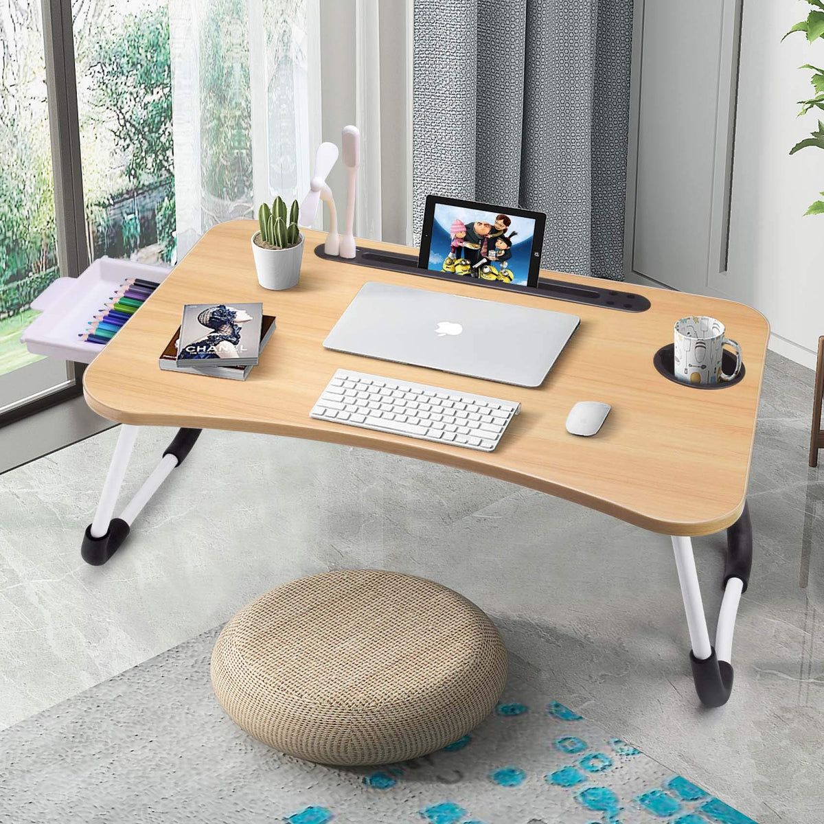 Slendor Lap Desk with Tablet Slot, Foldable Laptop Table with Storage Drawer for Bed，Portable Bed Desk for Laptop, Computer Tray with Cup Holder Notebook Stand Reading Holder for Couch Floor, Walnut