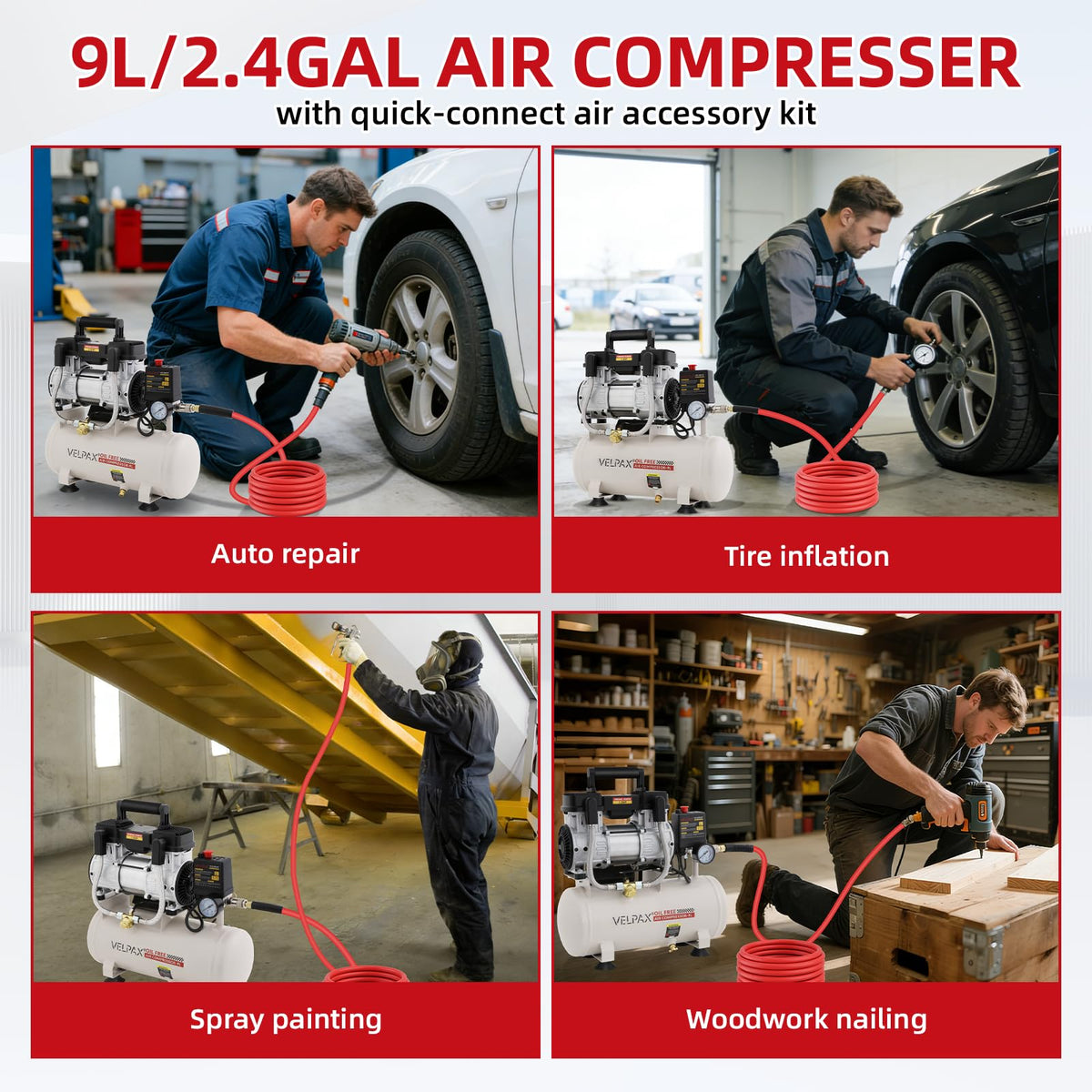 Ultra Quiet Air Compressor, Only 60dB, 2.4 Gallon Tank, Oil-Free, 110V/60Hz 1.5HP, 6.71CFM@115PSI, Air Compressor Perfect for Spray Painting, Auto Repair, Tire inflation, Woodwork nailing