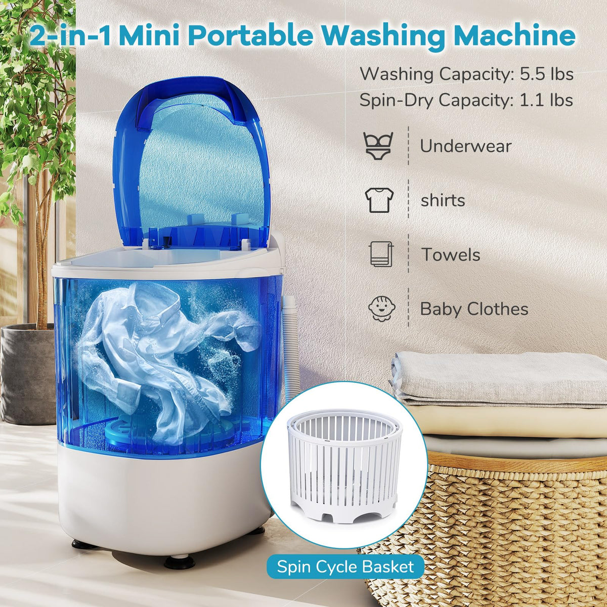 Giantex Portable Mini Washing Machine, 5.5 lbs Capacity Small Compact Laundry Washer with Spin Tub & Drain Hose, Semi-automatic Washer Machine for Apartment Dorms RV Home (Blue)