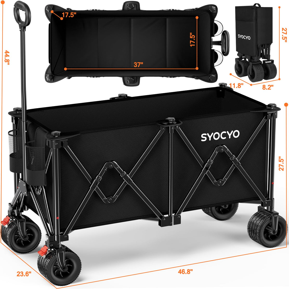 Beach Wagon Carts Foldable 570LBS Collapsible Wagon with Big All-Terrain Wheels for Sand 330L Heavy Duty Utility Carts with Cup Holders for Garden, Camping, Grocery, Black