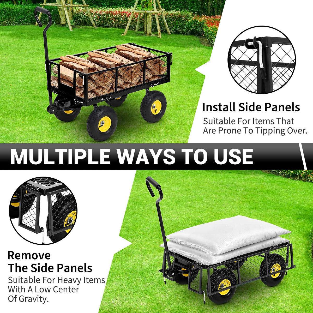 1100Lbs Steel Garden Cart, Heavy Duty Utility Wagon with Removable Sides, 180° Rotating Anti-Slip Handle,10in All Terrain Wheels