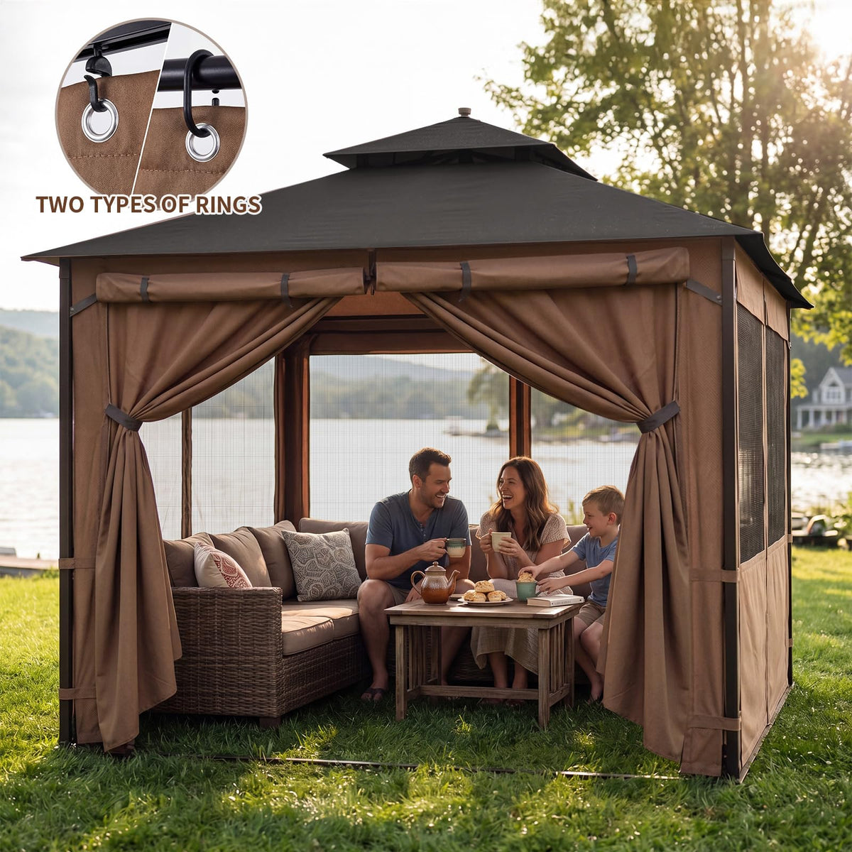 Batiyeer Gazebo Privacy Curtains 10' x 10' Outdoor Gazebo Curtains Waterproof with Mosquito Net Windows, Replacement 4-Panels Side Wall with Zippers for Patio Garden and Backyard, Brown(Curtain Only)