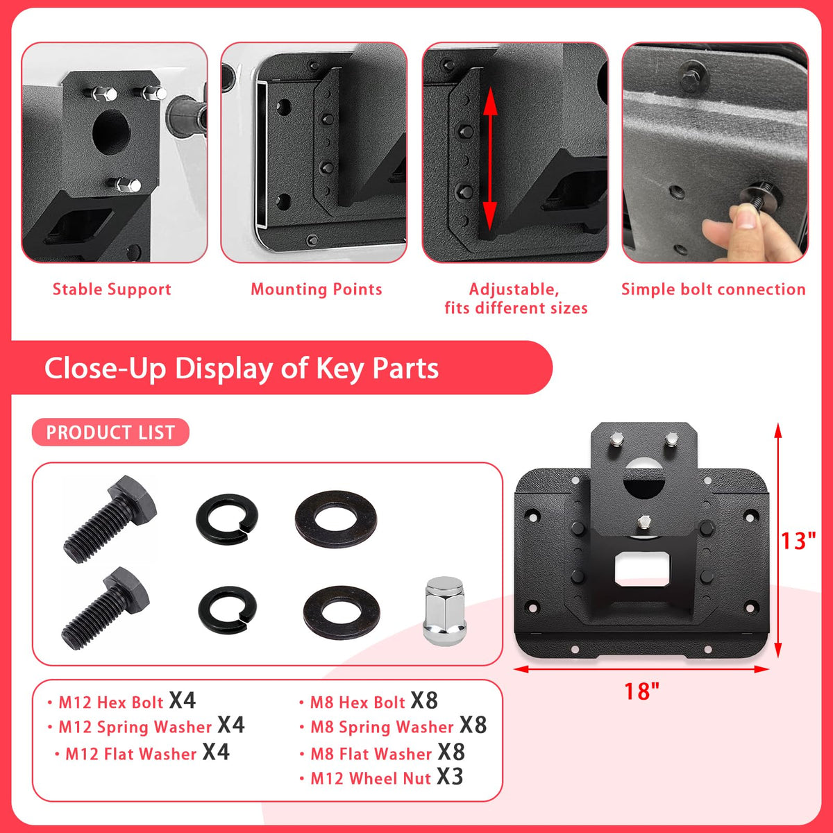 KLYONA for JK JKU Height-Adjustable Spare Tire Carrier Compatible with 2007 2008 2009 2010 2011 2012 2013 2014 2015 2016 2017 2018 Jeep Wrangler JK JKU Unlimted up to 37 Inches Spare Tire Lift Holder