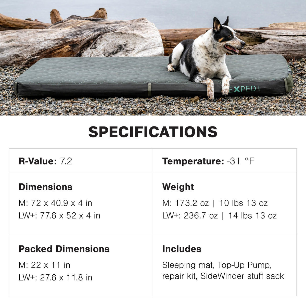 Exped LuxeMat Duo LW+ - Self Inflating Luxury Sleeping Mat, 4” Foam Pad, Pump Included