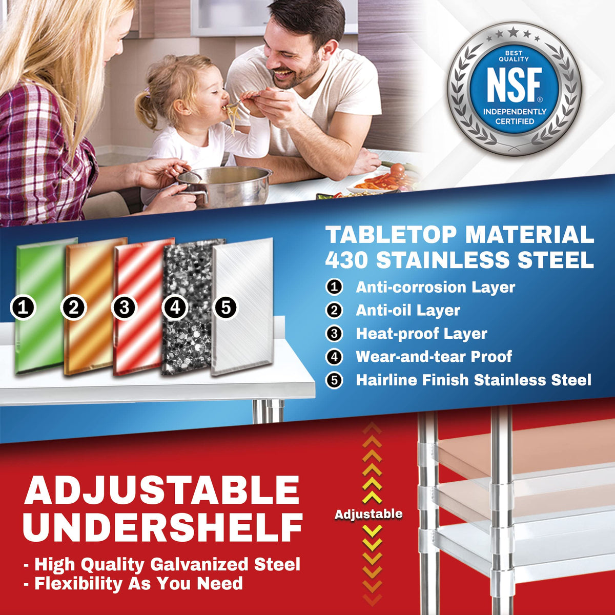 DuraSteel NSF Commercial Kitchen Table - 24 x 48 Inch Cooking Prep Stainless Steel Kitchen Island Workstation w/ Adjustable Under Shelf - Heavy Metal Backsplash Workbench For Restaurant, Home, Garage