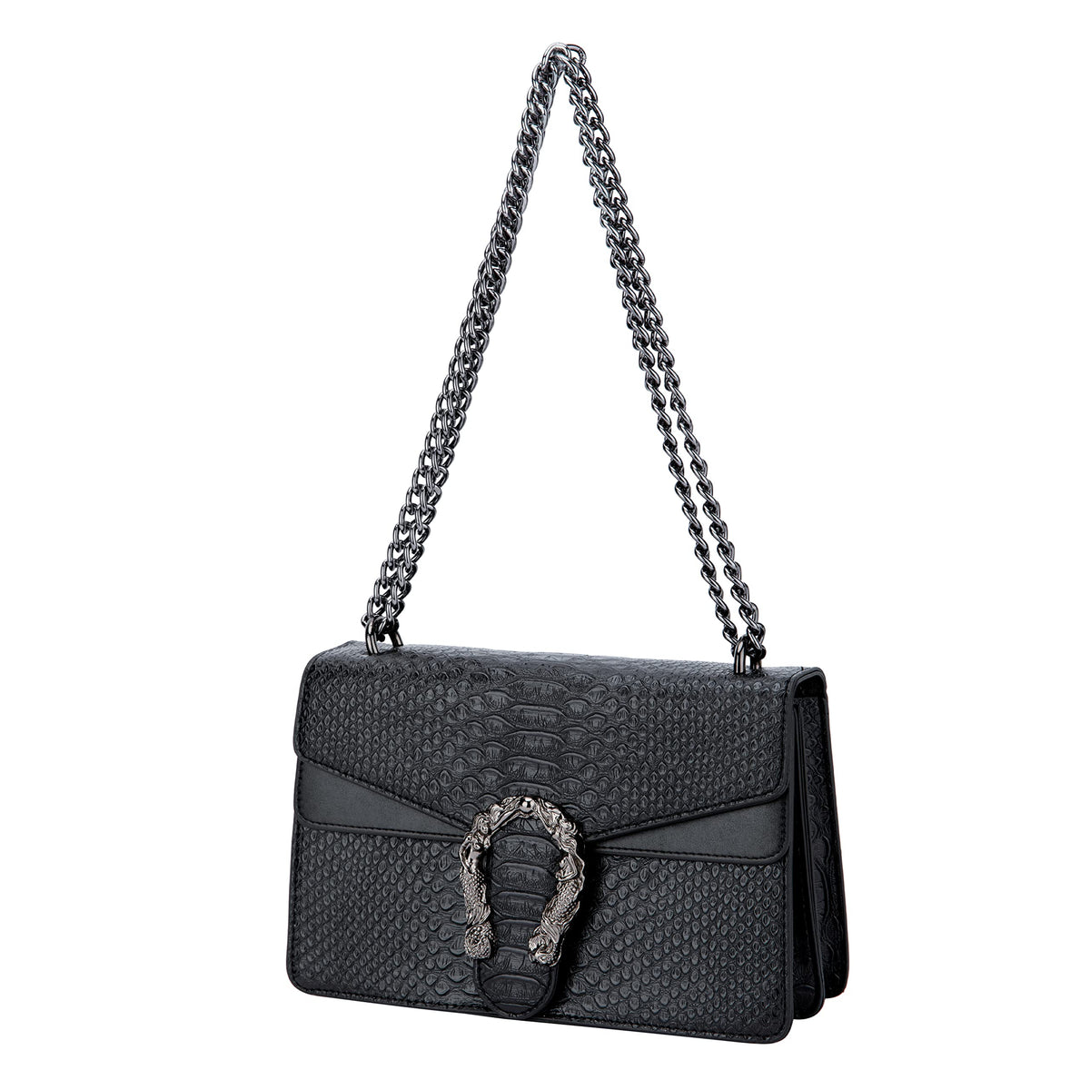 Leather Shoulder Bag Chain Purse for Women - Fashion Crossbody Bags Vintage Snake Print Underarm Bag Square Satchel Clutch Handbag（Black）