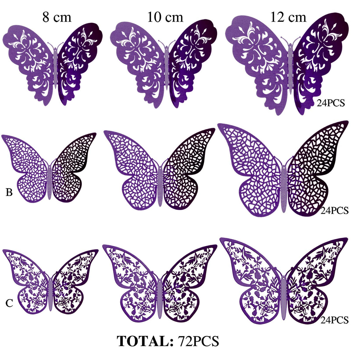 Bememo 72 Pieces 3D Butterfly Wall Decals Sticker Decal Wall Decor Art Decorative Sticker 3 Sizes for Room Offices Bedroom Bathroom Living Room Decor(Purple)