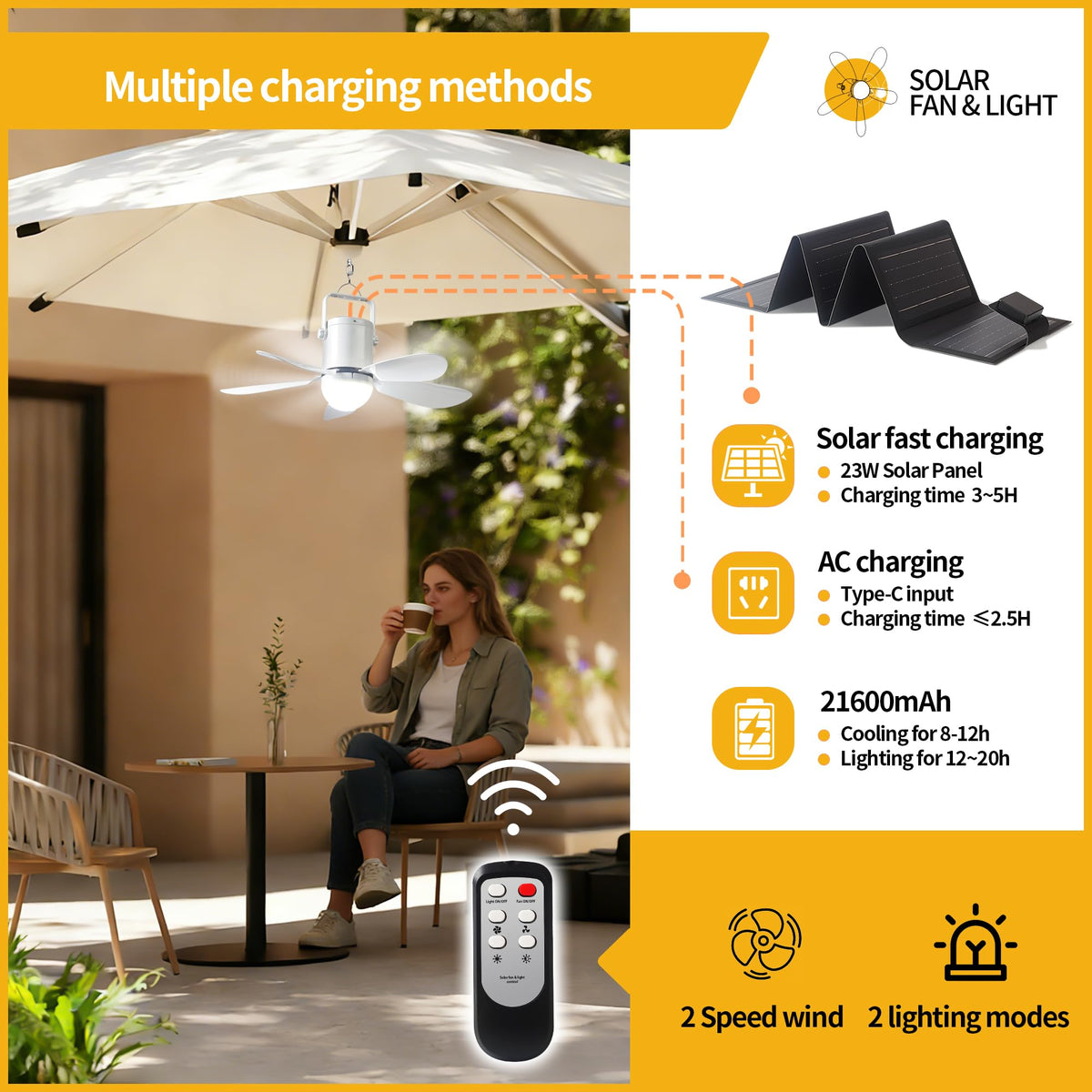 ASZEKOK Solar Ceiling Fan with Light, 21600mAh Rechargeable Battery, 23W Foldable Solar Panel, DC Brushless Quiet Fan, 3 Installation Ways, for Gazebo, Patio, Camping Tent, Garage, RV, Emergency Use