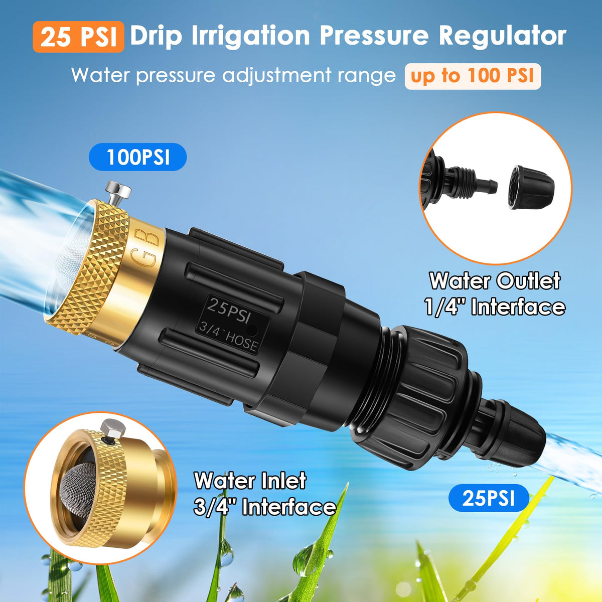 Gulfmew Drip Irrigation Faucet Adapter 25 PSI, 1/4" Tubing Quick Connect to 3/4" Garden Hose with Backflow Preventer, Filter, Plumbers Tape, Pressure Regulator, Copper Drip Irrigation System Fittings