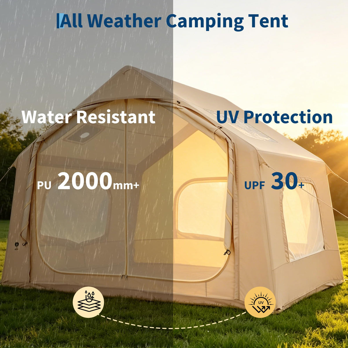 Inflatable Camping Tent for 3-5 Person, Quick Setup Blow Up Tent with Hand Pump, 210D Oxford Air Glamping Tents with Skylight & Stove Jack, 4 Season for Outdoor Camping, Beach, Hiking