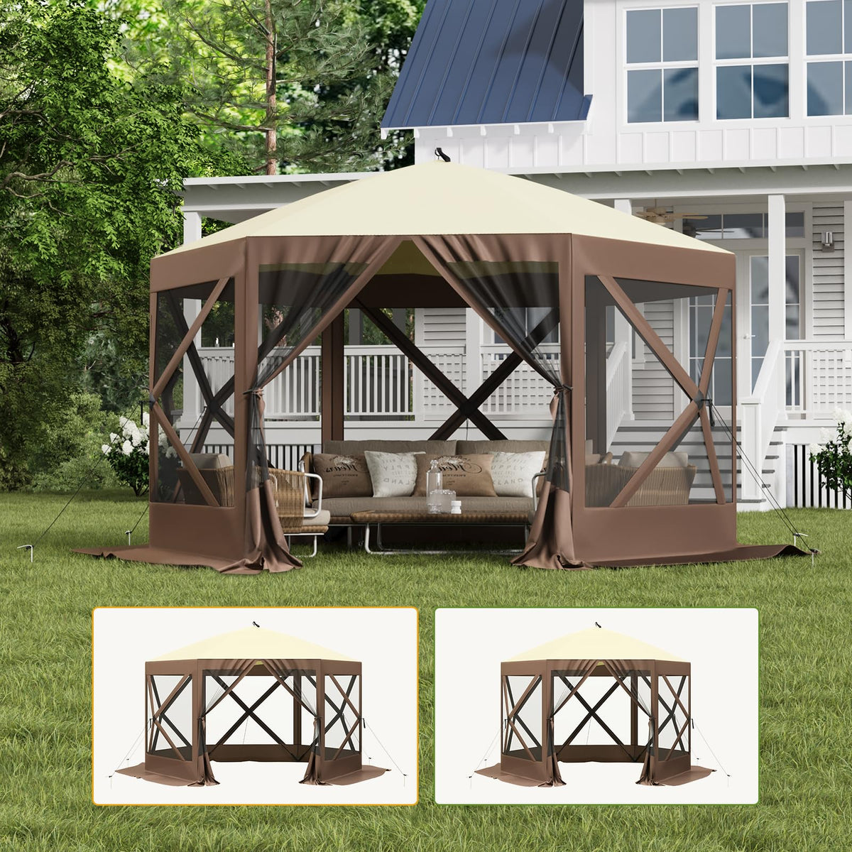 Pop Up Gazebo for Camping, 10x10ft Portable Outdoor Netting Canopy Shelter Tent, Folding Lightweight 6 Side Walls Screen House Tent with Storage Bag, Ground Stakes for Patio Backyard Party, Brown