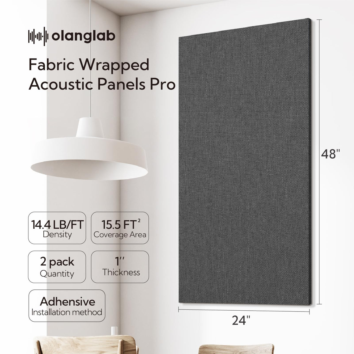 Olanglab Acoustic Panels 2 Pack, 48''x24'' Large Sound Panels, Fabric Wrapped Sound Proof Foam Panels for Walls, Sound Absorbing Panels for Recording Studio Acoustical Treatments (Dark Gray)